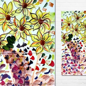Architectural Tiles, 12inx24in Hand Painted Mosaic Murals, Sunflowers Vase Backsplash Design - Ceramic Wall Tiles Painting Art