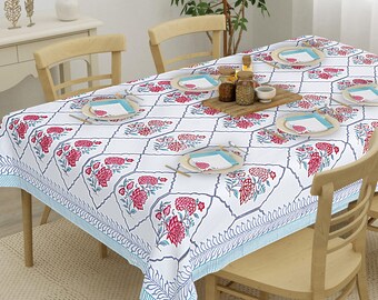 Floral Hand Block Print Tablecloth: Pink & White Cotton
