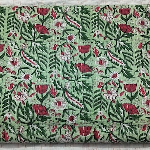Kantha Stitch Pure Cotton Reversible Bed/Sofa Throw King Size | Handmade HandPrinted Floral Dohar | Elegant White Green Country Floral
