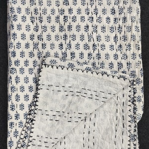 Kantha Stitch Pure Cotton Reversible Bed/Sofa/Picnic /Kids Room Throw Single Size HandPrinted Dohar Floral Summer White Blue Motif Stripe