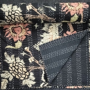 Handmade Black Floral Kantha Quilt: Indian Cotton Bedspread