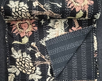 Handmade Black Floral Kantha Quilt: Indian Cotton Bedspread