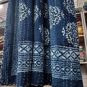 Indigo Printed Bedding Blanket Kantha Throw Bedspread, California Handmade Kantha Coverlet, Indian Cotton Kantha Quilt, Blanket Kantha Quilt