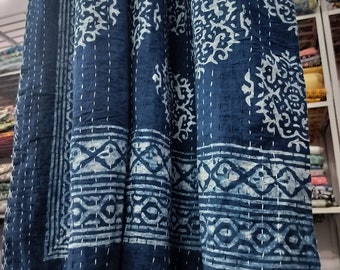 Indigo Kantha Quilt: Handmade Indian Cotton Bedspread