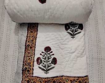 Jaipuri Flower Block Print Cotton Comforter: Reversible Boho Bedspread