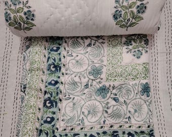 Trapunta Kantha con stampa a blocchi a mano, copriletto in cotone con motivo floreale boho