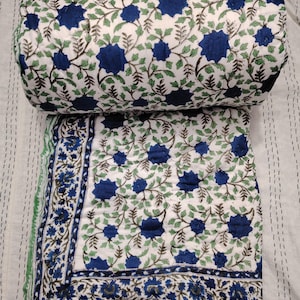 Handmade Quilts for Sale, Extra Large King Comforter 108&quot; x 108&quot;, Blue Bohemian Floral Queen Quilt, Handmade Cotton Indian Comforter