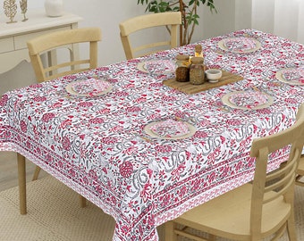 Toalha de mesa de algodão com estampa de blocos de mão: estilo francês floral rosa, 6 guardanapos