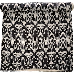 Ikat Black Tile Kantha Quilt: Queen Size Cotton Bedspread