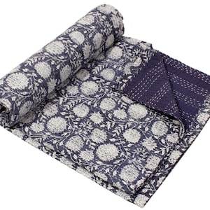 Blue Floral kantha quilt Handmade Kantha Quilt blue full size kantha quilt organic Full quilt pattern extra large Quilt Blue bedspread