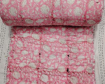 Brown Floral Cotton King Quilt: Reversible Indian Bedspread