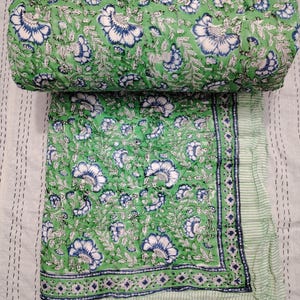 Handmade Quilts for Sale, Extra Large King Comforter 108&quot; x 108&quot;, Blue Bohemian Floral Queen Quilt, Handmade Cotton Indian Comforter