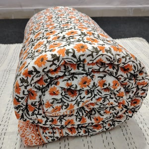 Reversible Orange color Cotton Kantha Handmade Quilt Kantha Blanket Muslin Quilt Organic Cotton Quilt Vintage Hand Stitch Quilt AC Blanket