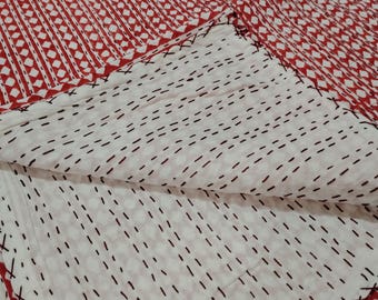 Diamond Block Print Kantha Quilt: Handmade Indian Cotton Queen Bedspread