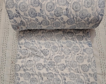 Handmade Floral Block Print Cotton Quilt: Queen Size Winter Razai