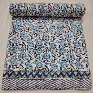 Blue Floral Kantha Quilt: Indian Block Print Cotton Bedspread