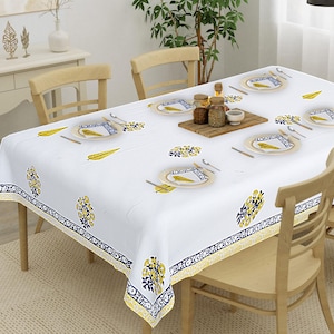 Mustard Yellow Indian Block Print Cotton Tablecloth, French design Floral Table Cover Napkins Set, Rectangle Tablecloth, Dining Table Decor