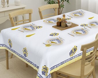 Senfgelbe Florale Tischdecke: Indische Block Print Baumwolle, Französisches Design