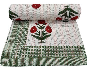 Trapunta Kantha floreale rossa: copriletto boho in cotone al 100% (108x90 pollici)