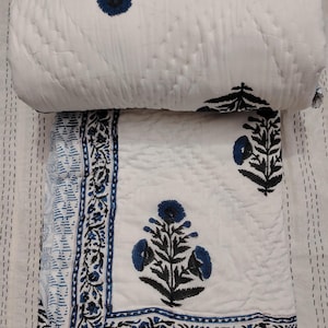 Comforter Quilt Hand Block Printed 100% Pure Cotton Cloth Quilted Throw Blanket Cover for Couch and Bed Lap Bedding Coverlet Oversized Quilt