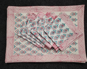 Hand Block Printed Table Runner Set: Floral Placemats & Napkins