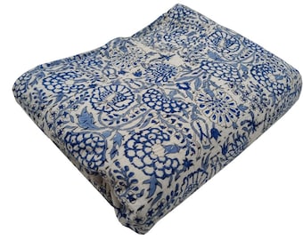Handmade King Size Kantha Quilt: Floral Hand-Printed Cotton Throw