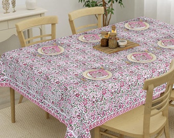 Mantel de algodón estampado a mano: mantel floral para mesa de comedor