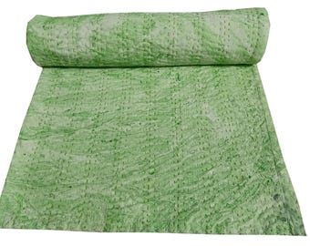 Groenmarmeren tie-dye kantha-quilt: handgeblokte Indiase katoenen sprei