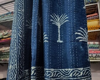 Indian Kantha Quilt: Indigo Palm Tree Cotton Bedcover