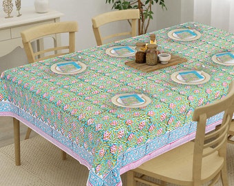 Hand Block Print Cotton Tablecloth: Pink Green Floral Farmhouse Table Cover