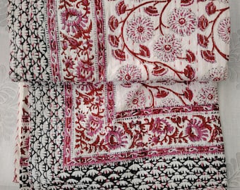 Indigo Blue Floral Kantha Quilt: Hand-Stitched Cotton Throw Blanket