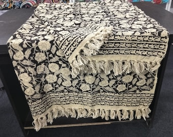 Hand Loomed Cotton Throw Blanket: Black Floral Block Print with Tassels