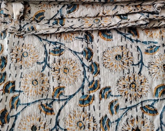 Floral Block Print Kantha Quilt: Indian Handmade Cotton Bedspread
