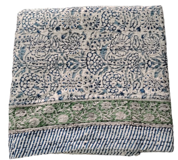 Blue Floral Kantha Quilt: Handmade Indian Cotton Bedspread King/Queen/Twin Hand Block Quilt