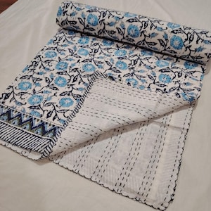 Indian Kantha Hand Block Blue Quilt Kantha Bedspread Bedding Bedcover Throw Queen Size Mother&#39;s day Gifts Bedcover