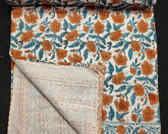 Handmade Indian Kantha Quilt: Jungle Print Cotton Bedspread (108x90 Inches)