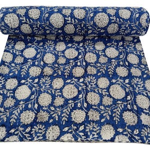 Blue Floral Hand Block Print Boho Kantha Quilt Queen Pure Cotton Kantha Throw Blanket Kantha Bedspread Coverlet Kantha Bed Cover Boho Quilt