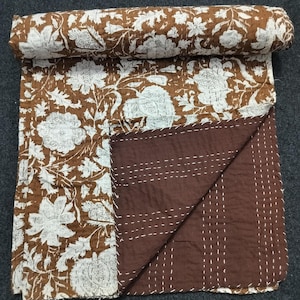 Hand Block Print Kantha Quilt: Beige Indian Cotton Bedspread (108x90 Inches)