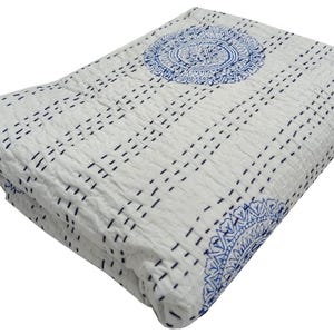 Kantha Stitch Pure Cotton Reversible Bed/Sofa Throw King Size | Handmade HandPrinted Floral Dohar | White Grey Gingko Garden French Stripe