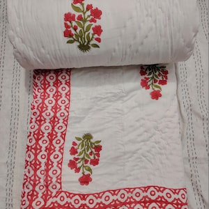 Blue Block Printed Quilted Throw Blanket 100% Cotton Quilt, Cover for Couch and Bed, Lap Bedding Coverlet, Luxury Oversized Quilted Throw