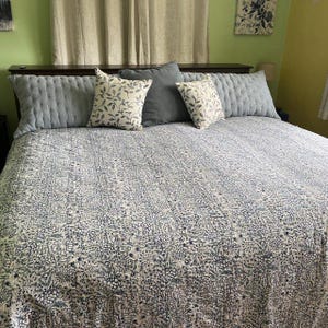 Kantha Stitch Pure Cotton Reversible BedSofa Throw Queen Size Handmade Hand Printed Floral Dohar White Blue Garden Petal Leaves Stripe