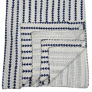 Kantha Stitch Pure Cotton Reversible Bed/Sofa Throw King Size | Handmade HandPrinted Floral Dohar | White Blue Garden Petal Leaves Stripe