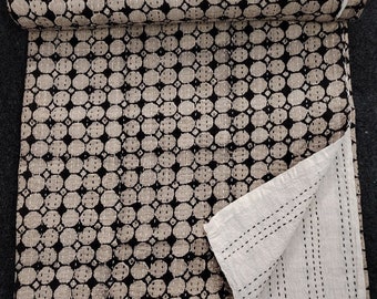 Black Floral Kantha Quilt: Hand Stitched Indian Cotton Throw (108x90 Inches)