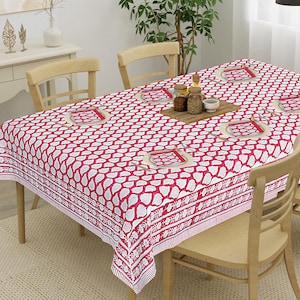 Blue and White Sun Flower Border Design Hand Block Print Tablecloth Table Cover Linen Set for Wedding Events Home Farmhouse Party Gifts