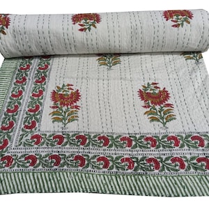 Kantha Stitch Pure Cotton Reversible Bed/Sofa Throw King Size | Handmade HandPrinted Floral Dohar | White Blue Garden Petal Leaves Stripe