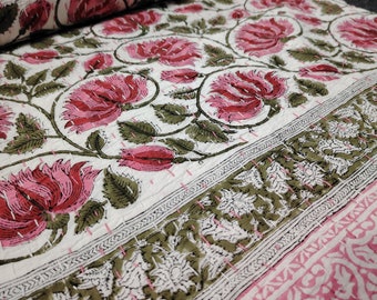 Pink Floral Bagru Print Kantha Quilt: Handmade Indian Queen Blanket