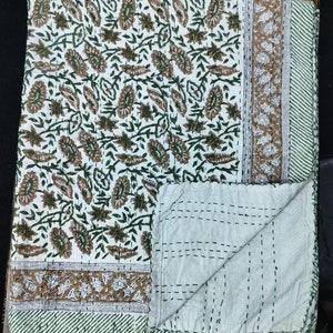 Brown Floral Kantha Quilt: Handmade Cotton Bedspread (108x90 Inches) Block Print Quilt