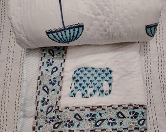 Block Printed Queen Quilt: Handmade Cotton Throw, Light Blue Floral Blanket