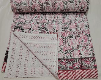 Hand Block Print Queen Kantha Quilt: Pink Floral Cotton Bedspread