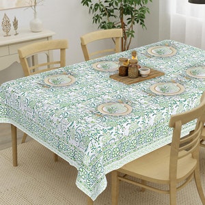 Indian Block Print tablecloth, Floral Cotton Table Cover, Table Cloth Runner Mats Napkins Set ,Blue Jaipur Tablecloth, Rectangle Table Cloth